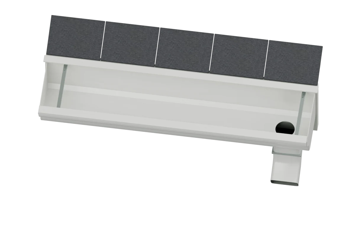 Illustrative model of a cleaned gutter attached to a roof edge, with an open channel and downspout.