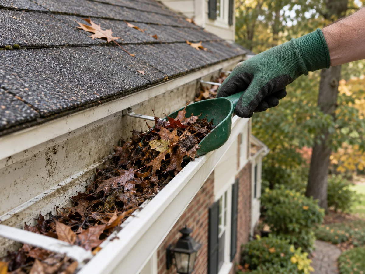 Illustrative gutter cleaning: a gloved hand lifts leaves from a white gutter with a scoop